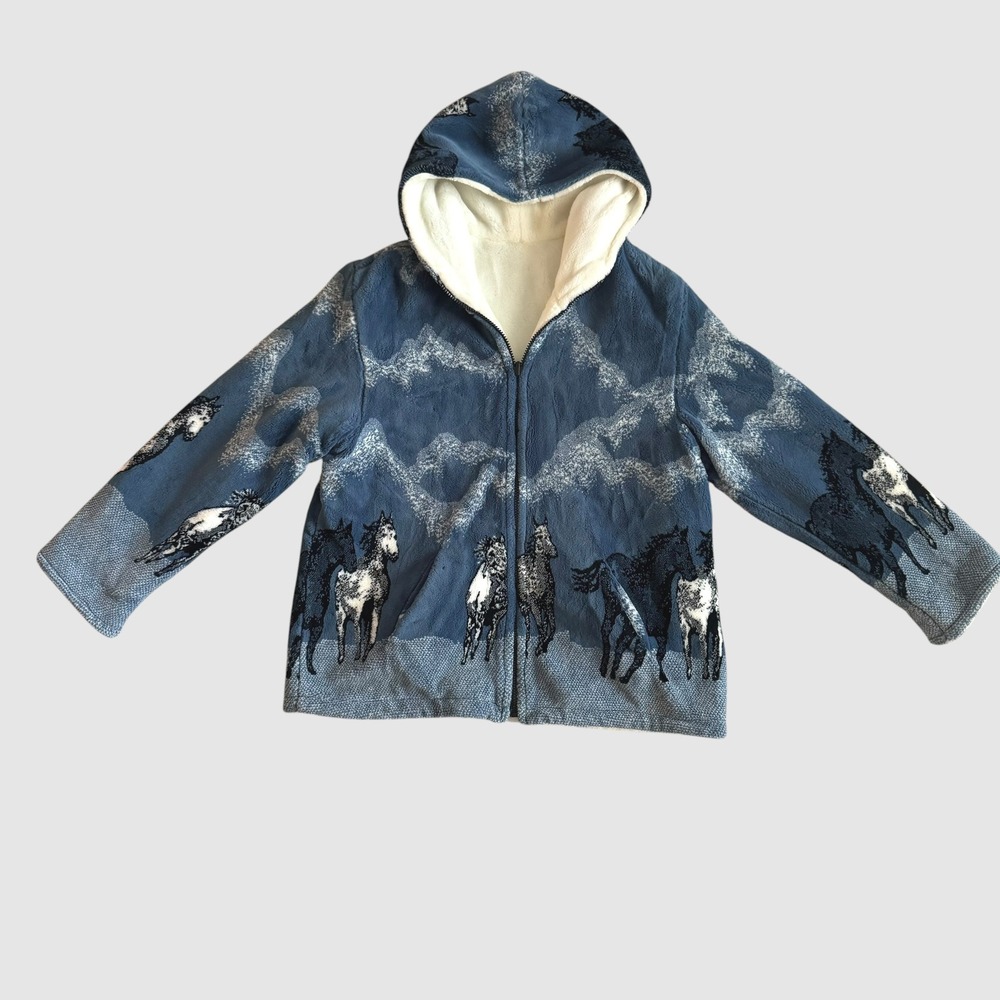 Vintage 90s Nordic Lights Reversible Horse Fleece Jacket Blue Sherpa XL Gorpcore